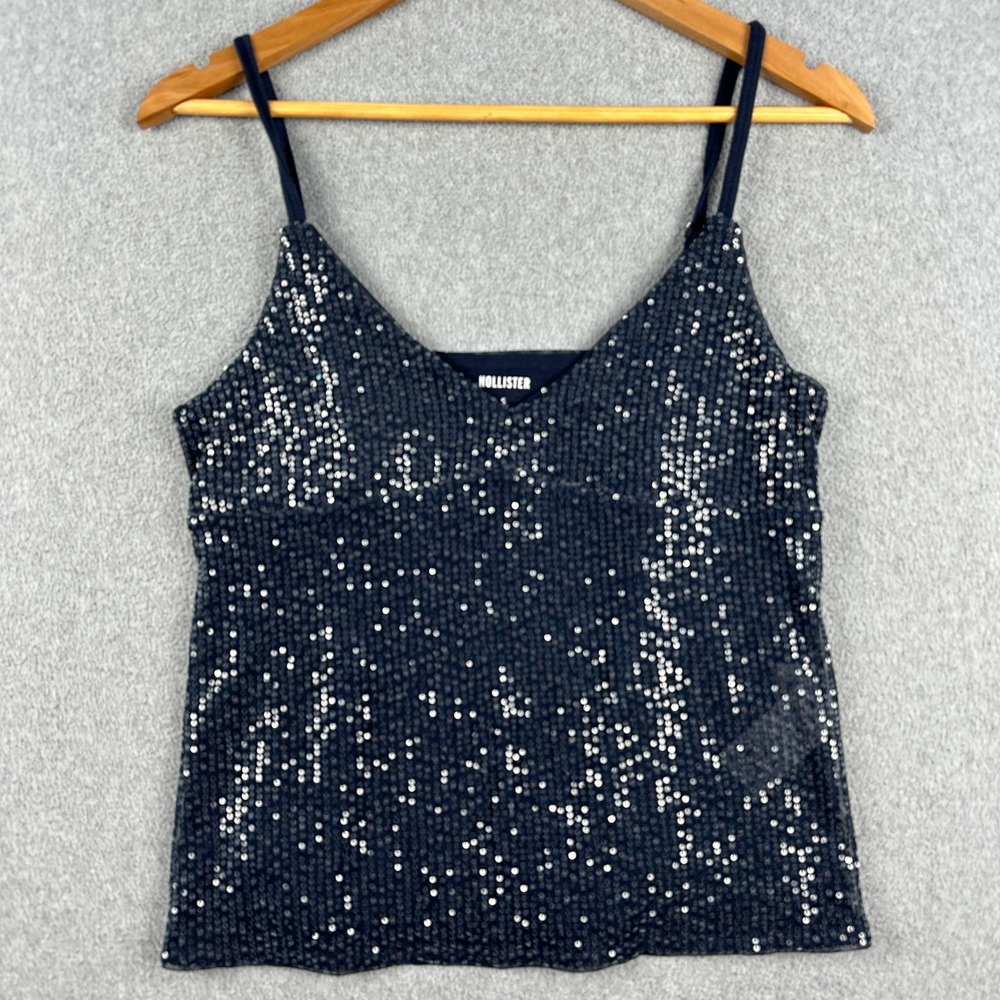 Hollister Top Womens Small Sequin Camisole Navy Blue Sparkle Adjustable Strap